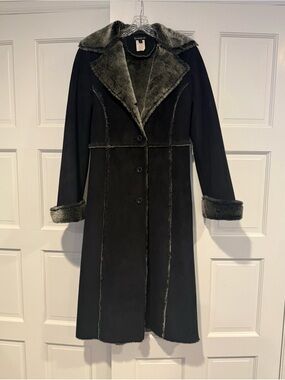 bebe Black Long Trench Coat with Gray Faux-Shearling Trim